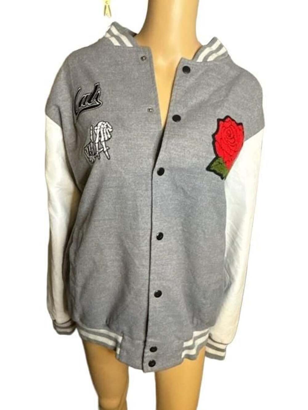 Cali Varsity Jacket with Rose and Skeleton Patch